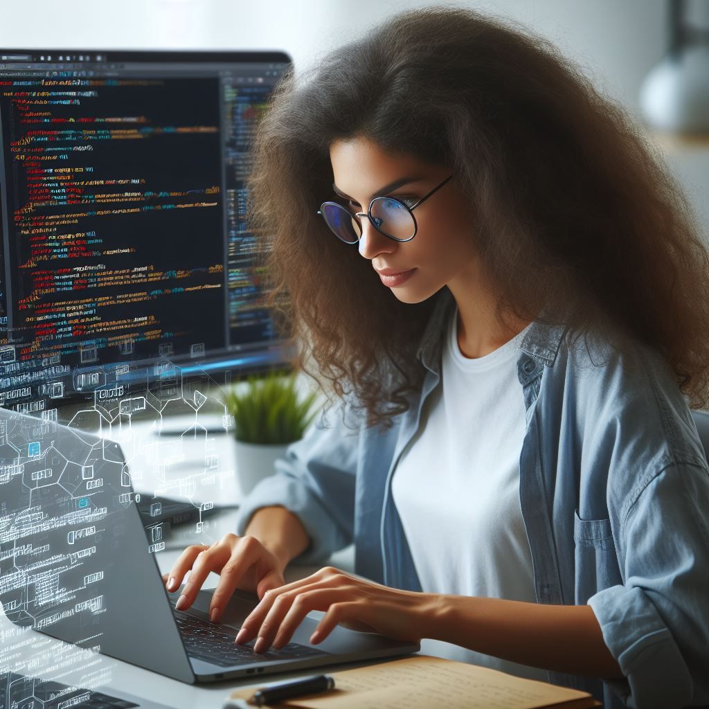 a young woman working on software