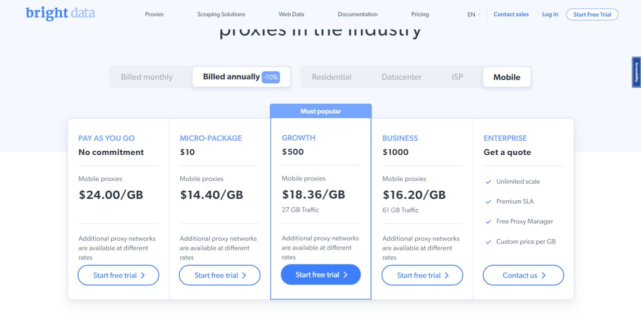 pricing plans for Bright Data's mobile proxies