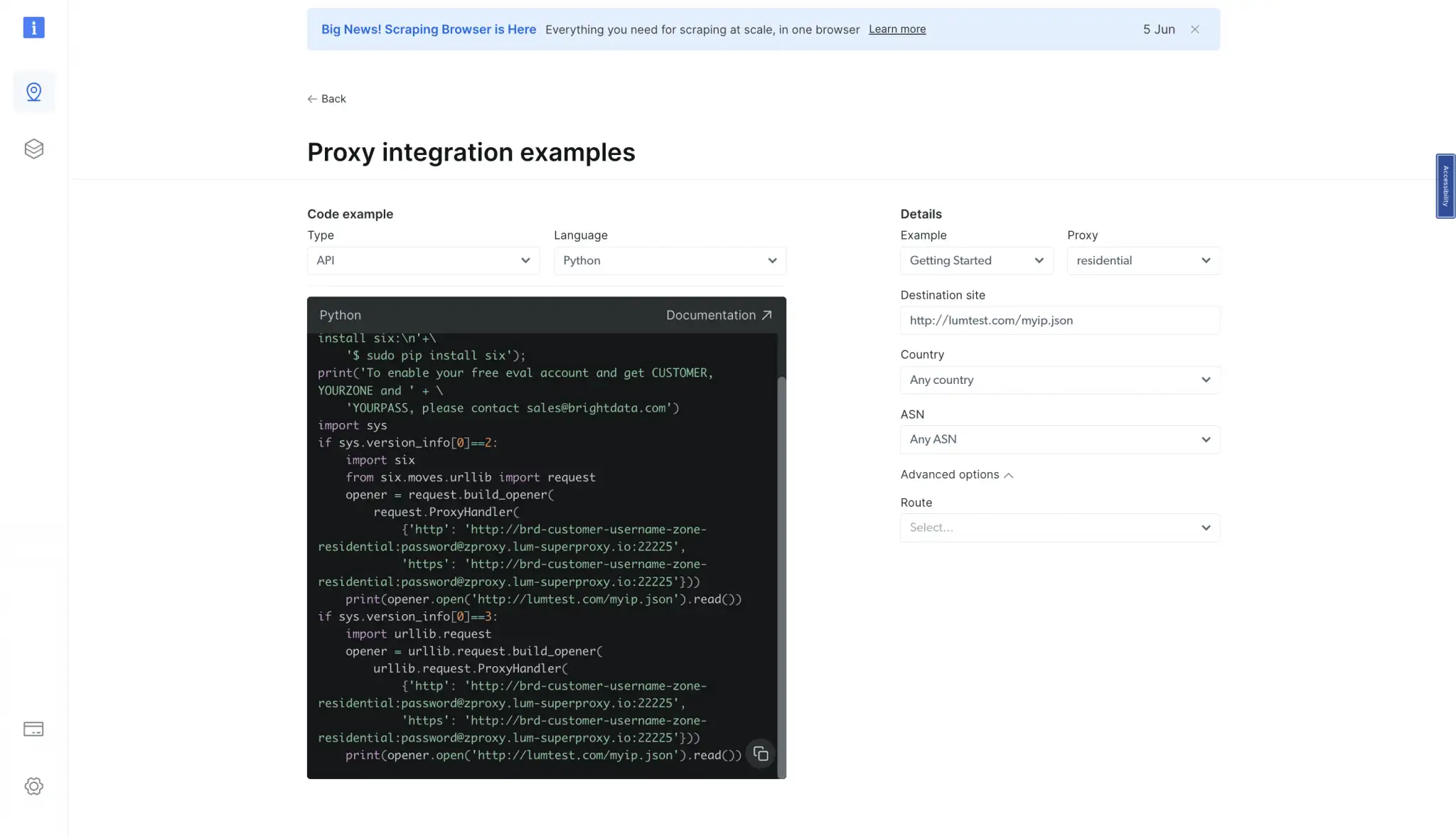 API integration section in Bright Data