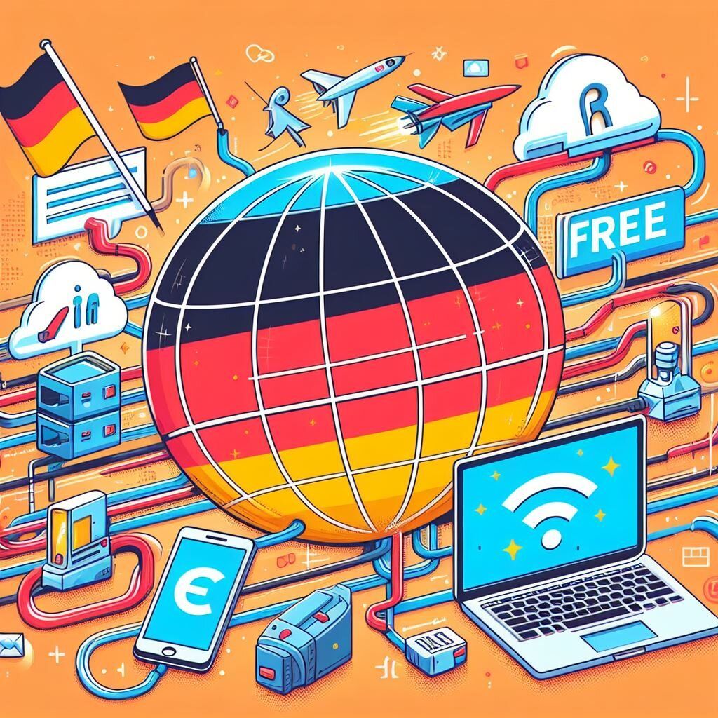 a German globe with a laptop and various objects around it