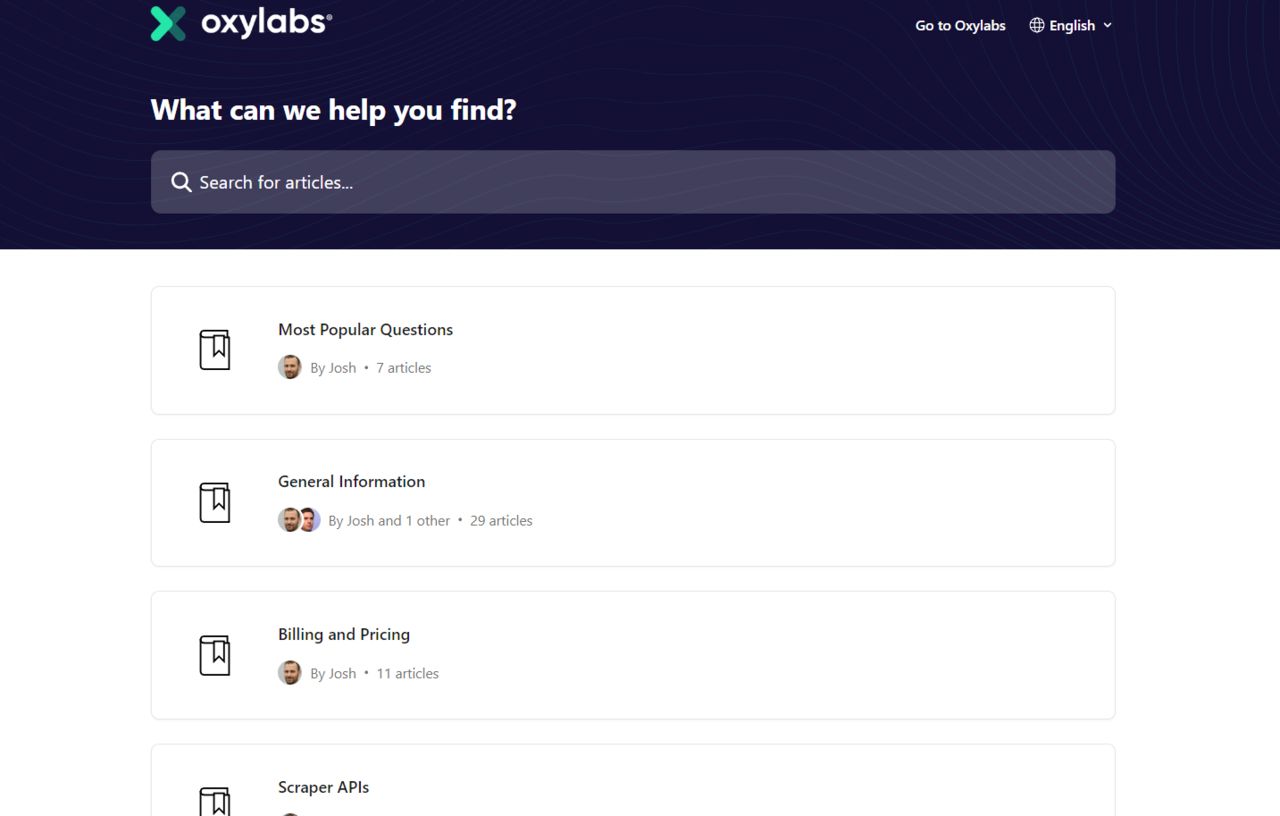 Oxylabs' FAQ website homepage 