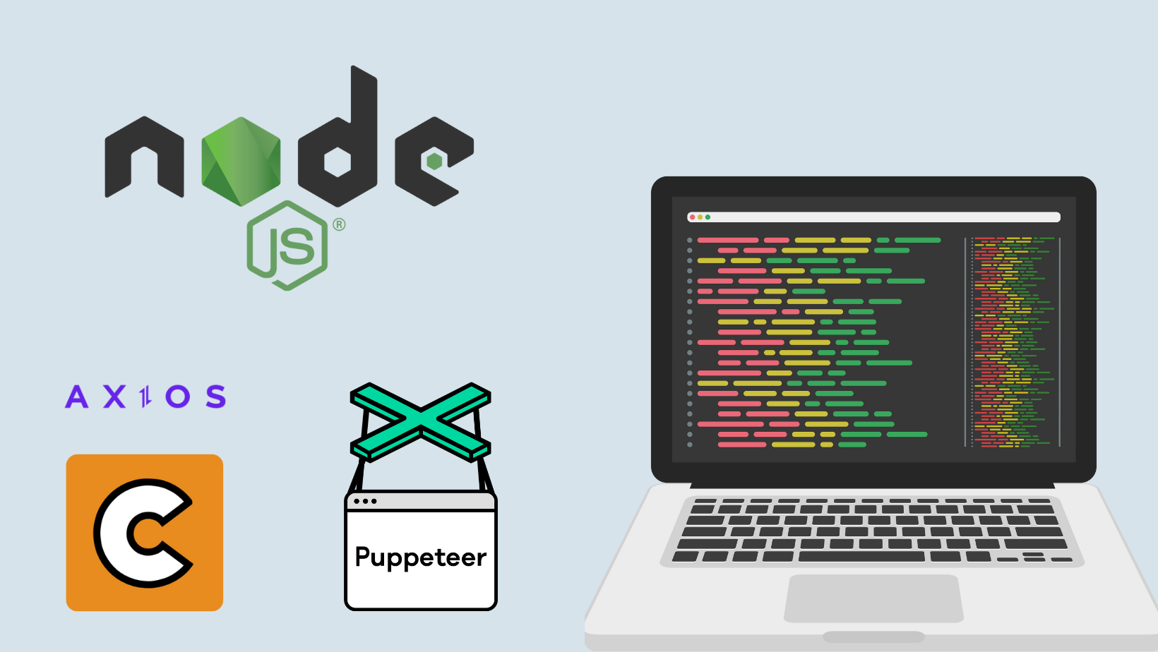 A laptop next to the Axios, Cheerio, Puppeteer and Node.js logos
