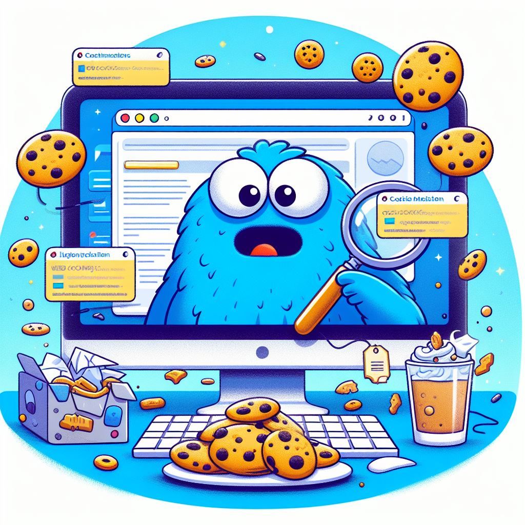 a blue cartoon monster looks through a computer screen full of cookies and more cookies