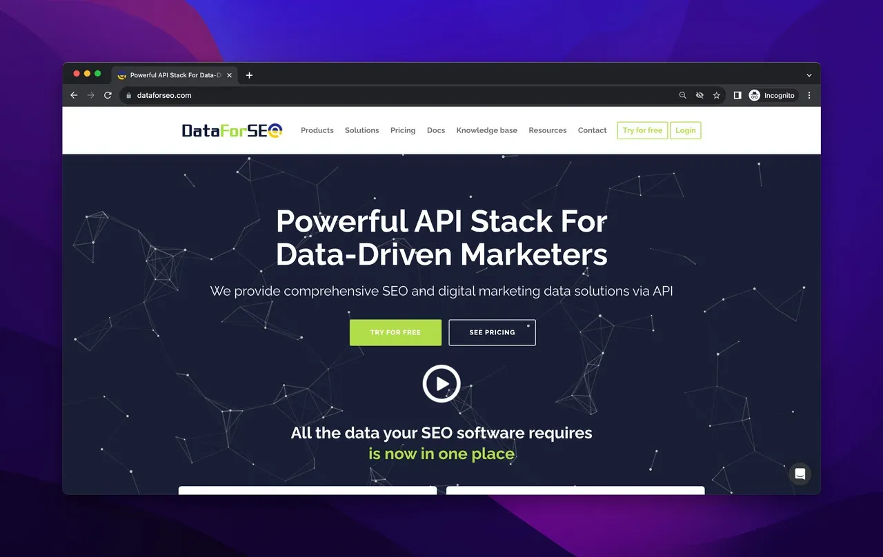 the homepage of DataForSEO with dark color theme