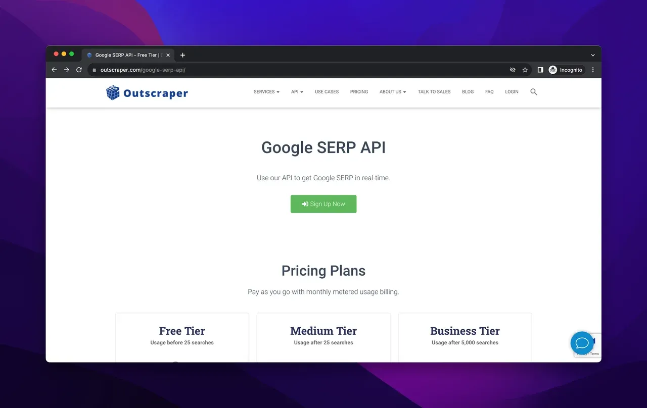 the website view of Outscraper Google SERP API