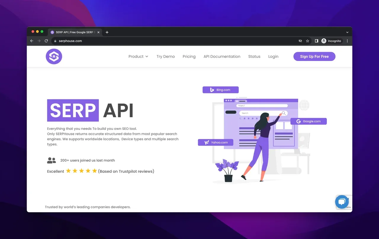 the homepage of SERPhouse with purple and white color theme